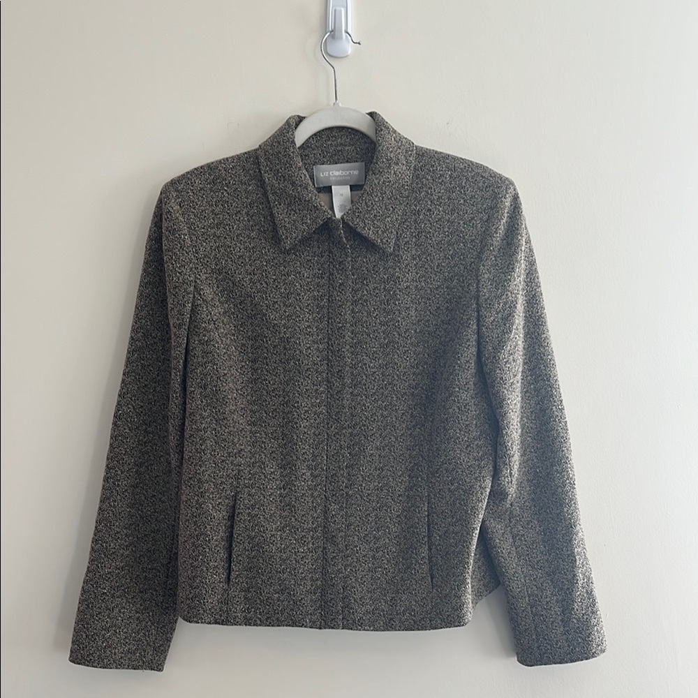 Liz Claiborne Zip Up Blazer Jacket Tan Brown 12 Womens Office Work Professional‎